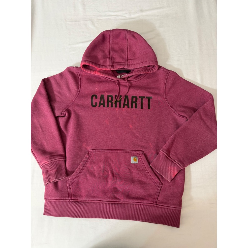 Carhartt Boys Relaxed Fit Hoodie L 12-14 Burgundy Logo Sweatshirt Bleach Marks